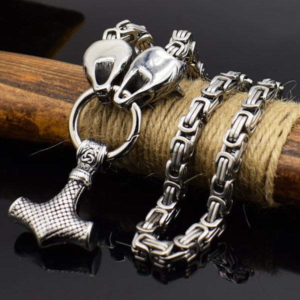 Viking Varg Huvud Hammare Hängsmycke Halsband för Män - Rostfritt Stål[GPA]