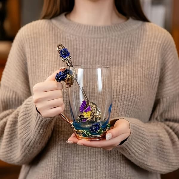 Emalje Tekop Sæt med Rosamønster, Inkluderer Krus & Ske 【Red】 Short