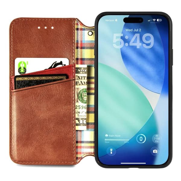 iPhone 17 Läderfodral med Magnetisk Stängning & Rutnätsdesign Brun