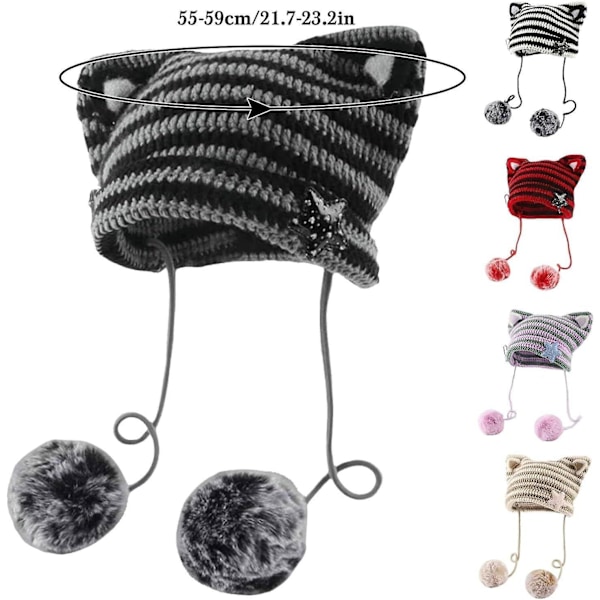 Stickad mössa dam katt öron hatt vinter varm cap Mössor i elastisk stickad skidhatt med dun och broderi för vuxna flickor