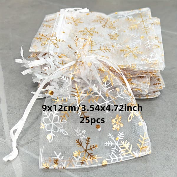 Snöflingeorganzapåsar med dragsko för julbröllopssmyckesförpackningar 9x12cm(25pcs) White Snowflake