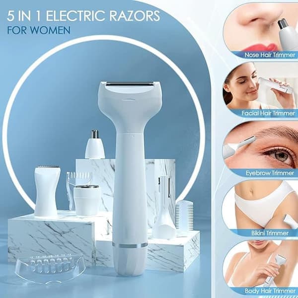 5-i-1 Elektrisk Ladyshaver – Våd & Tør Anvendelse, Til Krop, Armhuler, Ansigt & Øjenbryn