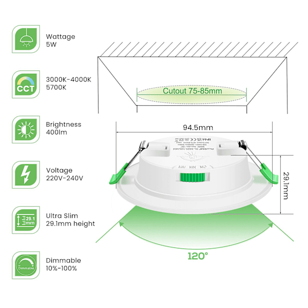 6-pakkauksen 5W ultraohut himmennettävä LED-alasvalo Cct 75-85mm leikkaus nikkeli