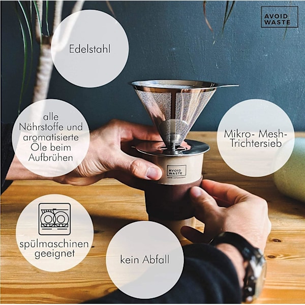 Kaffefilter i rustfritt stål, gjenbrukbar konkaffedropper, Perm