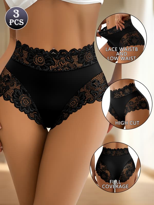 3-pack Enfärgade Högmidjade Trosor med Spetsdetaljer för Kvinnor M Black