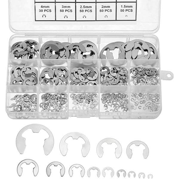 Låsringar, 400 st 1,5-15 mm E-clips i rostfritt stål med förvaringsbox, låsringssortiment, intern låsring, extern E-clip