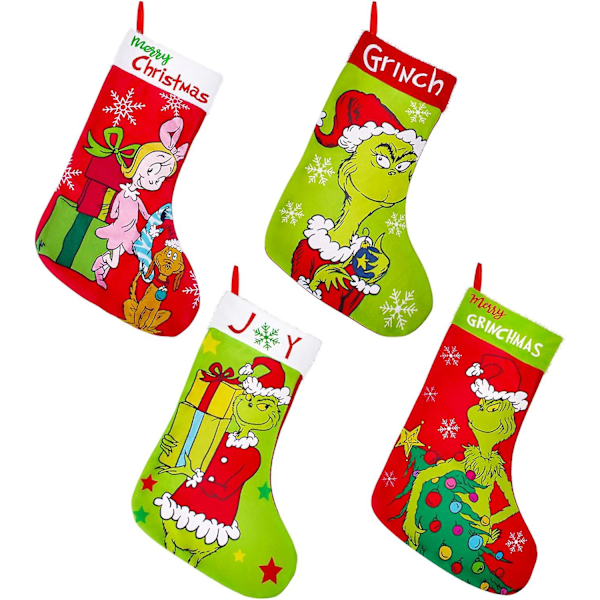 4-pack julstrumpor, 45 cm stora Grinchs julstrumpor, dekorationer för familjesemesterfest