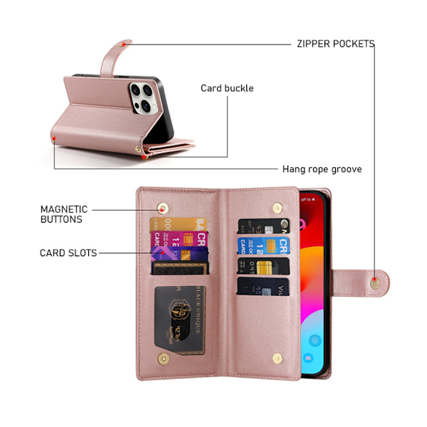 Mobilplånbok för iPhone 16-serien, portabel plånbok som rymmer både mobiltelefon och kort, påverkar inte kortets magnetism, rosa pink iPhone 16 pro max