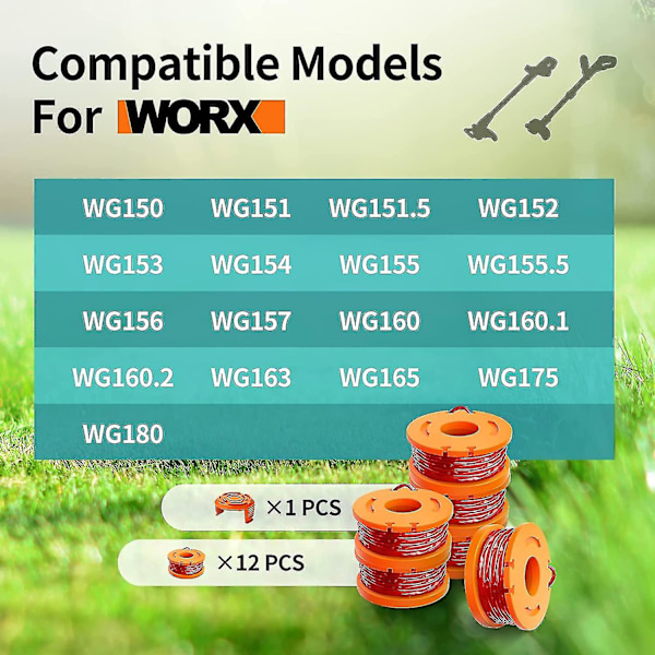 15-pak trimmerlinje til Worx, (wa0010) erstatningsspole til Worx, trimmerlinje S 0,065 tommer til Worx, egnet til Worx-streng