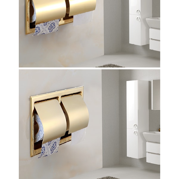 Toiletpapirholder i rustfrit stål 304, dobbelt rulle, guld, vægmonteret [GPA]