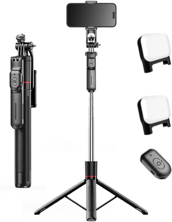 67-inch Bluetooth Phone Tripod with LED Lights - Foldable Selfie Stick & Monopod - Remote Control - Compatible with All Phones and Cameras