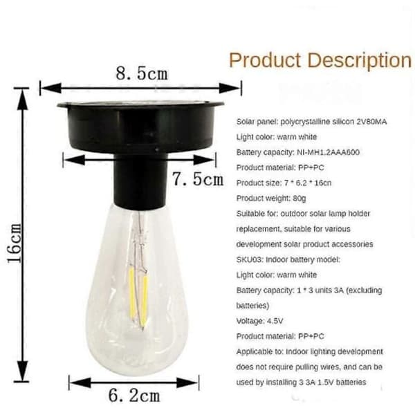 2800K Wolframtråd LED Solcellelampe for Hagebelysning, 7cm/8.5cm, for Utendørs Gjerde, Dekorativ, 8cm