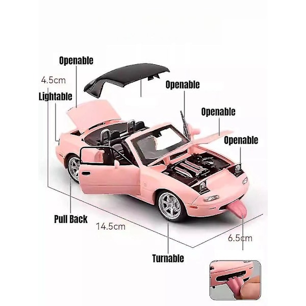 Miniatyr Mazda MX-5 Støpt Modell med Lyd & Lys, Lekerbil med Åpningsbare Dører for Barnesamling [GPA] Red