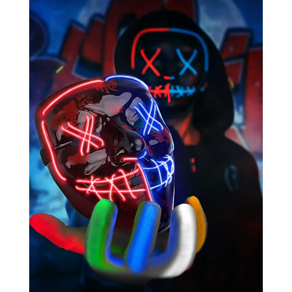 Halloween-maske LED-maske og handsker i flere lystilstande Blue-red Mixed(1 Set)