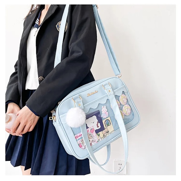 Japansk Kawaii Axelväska för Kvinnor PU Läder Itabag Transparent Tote JK Handväska Preppy Crossbody Ita Väska Light Blue