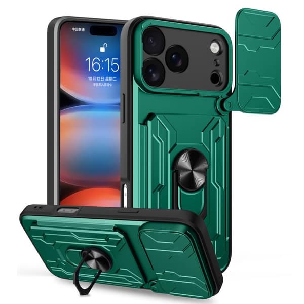 Skyvbart kameradeksel med kortholder til iPhone 17 Pro Max Mörkgrön