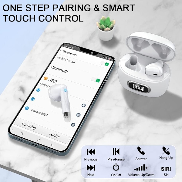 Bluetooth 5.3-hörlurar, sport-Bluetooth-hörlurar med HD-mikrofonstereo, trådlösa in-ear mini trådlösa hörlurar IP7 vattentäta, vita
