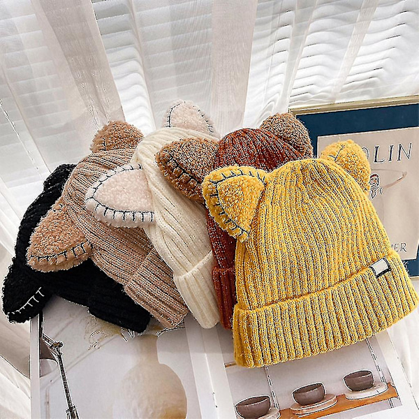 Kawaii Katteøre Hue Sød Ensfarvet Varm Uld Strikket Hue Efterår Vinter Beanies Beige