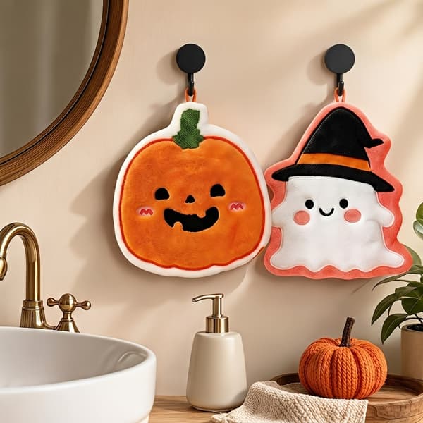 Halloween Hængende Håndklædesæt med Heks- og Græskardesign til Køkken og Badeværelse 1GhostWitch+1Pu