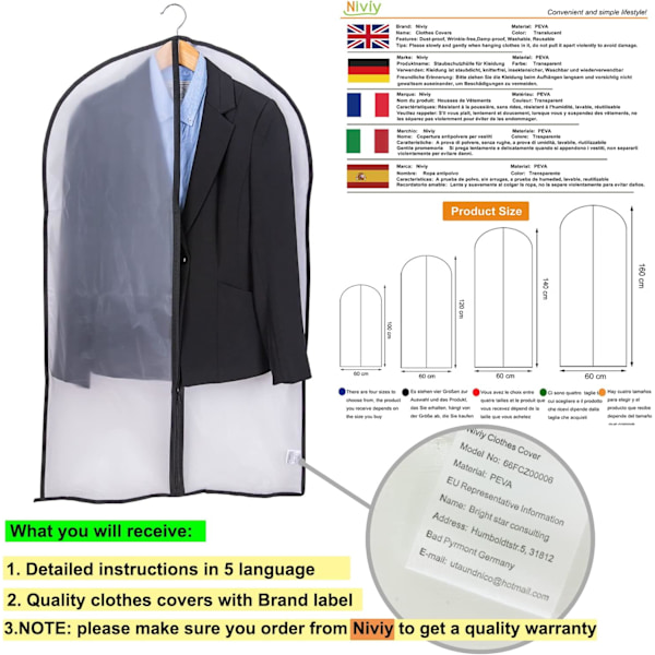 Klädfodral 6-pack, transparenta kostymfodral, 120 x 60 cm + 100 x 60 cm andningsbart tyg kostymfodral för kostymer, klänningar, kappor
