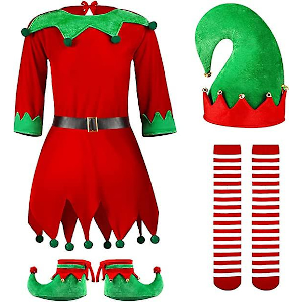 Julklappskostym för flickor och kvinnor, tomtens hjälpare, juldräkt, festlig outfit med luva, skor, bälte, randiga strumpor 120 cm