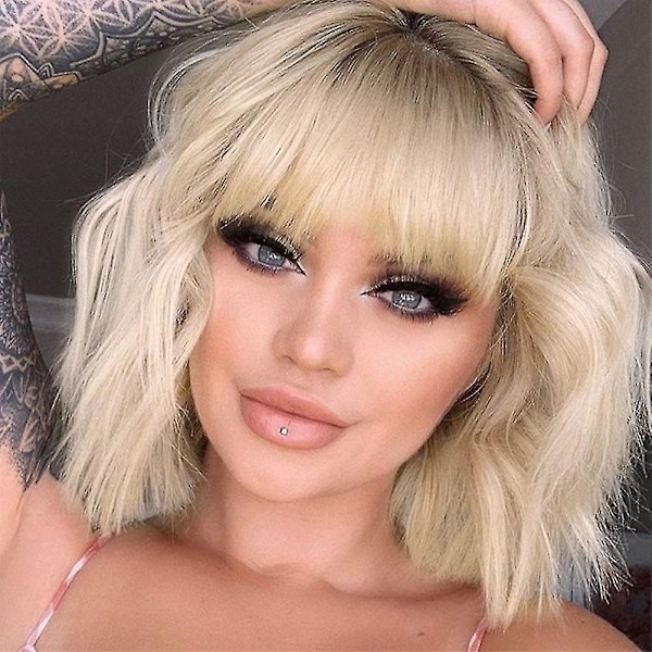Kort blond parykk Bølgete Bob Parykk Med Luftlugg Dame Syntetisk Krøllet Pastell Bob Parykk
