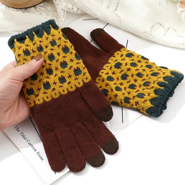Vinterfortykkede og varme handsker, til kvindelige studerende, søde solsikkestrikkede touchskærmshandsker. brown