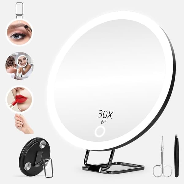 30x Magnifying Mirror with Extra Large Rechargeable, Dimmable Makeup Mirror with 360° Table Stand