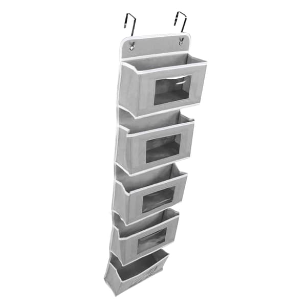 Hanging Wardrobe Organizer Multi-layer Strong Load-bearing Non-woven Over Door Organizer Hanging Organization with 2 Hooks Grey 5 Compartments_yux