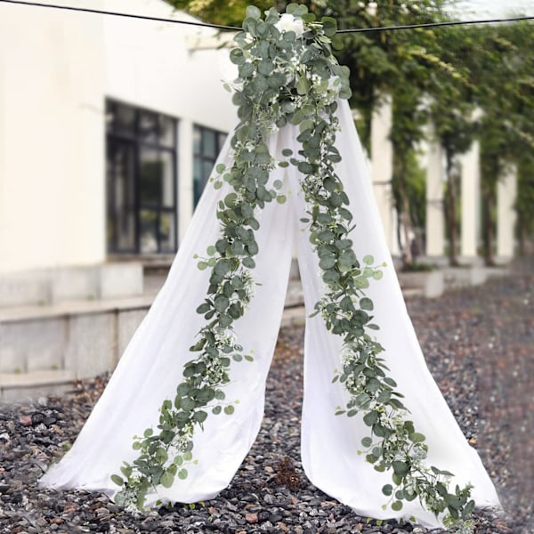 2-pak kunstig eukalyptusguirlande med pileblade, grønt løv, hvide blomster, falsk plante, hængende dekoration til baggrund, bryllup
