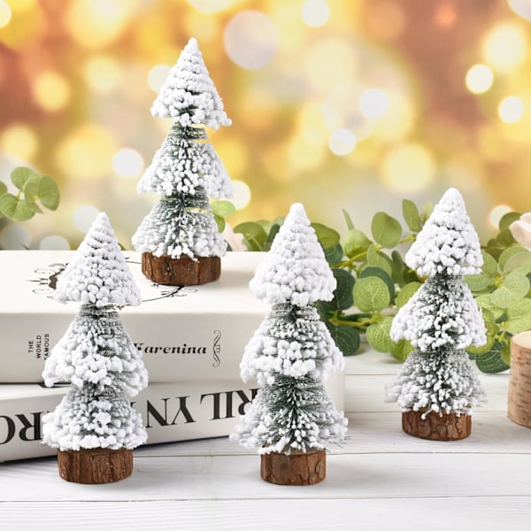 4 stk 150 mm Mini Snøfrostade Trær Mini Julgran Plast Vinter Snø Ornament Bordplater Trær for Feriefest Hjem Juledekorasjon