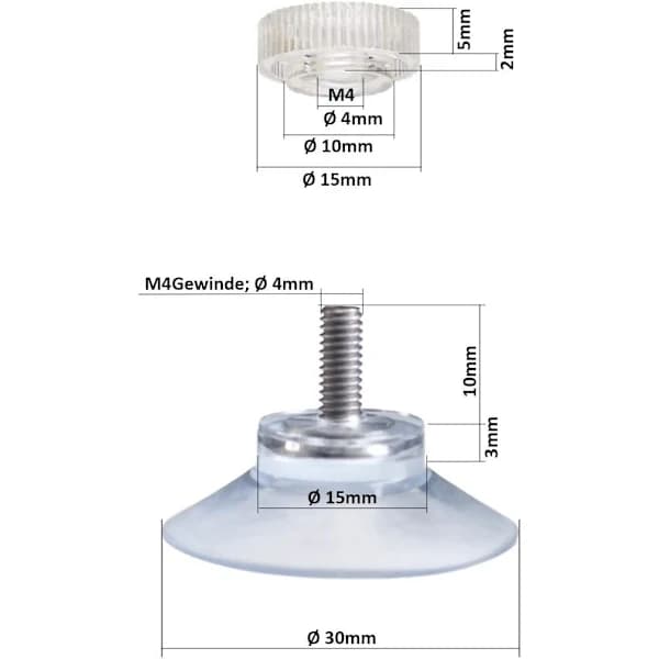 8-pack Suction Cups with M4 x 10 mm Threaded Bolt and Knurled Nut for Signs, Decor, Glass Surfaces 30 mm