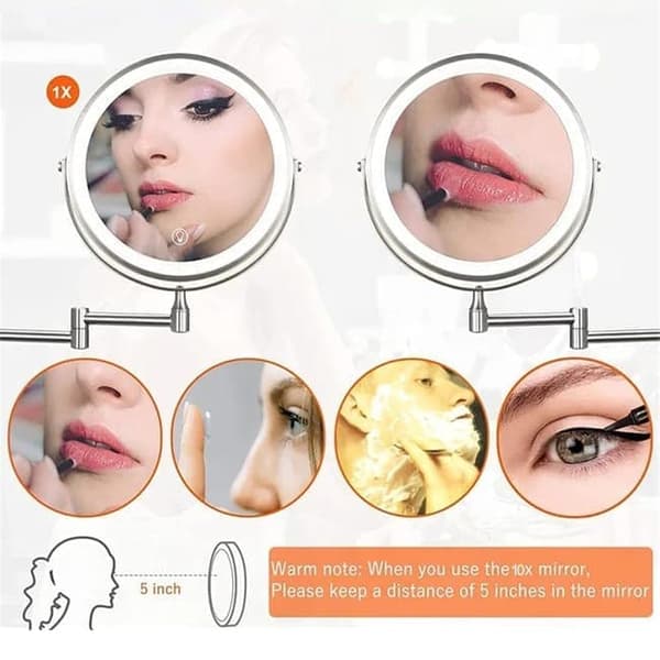 Wall-mounted makeup mirror with lighting - 8 inch, 3x/10x magnification, dimmable with 3 light modes, 360° rotatable double-sided mirror Silver Silver 10X