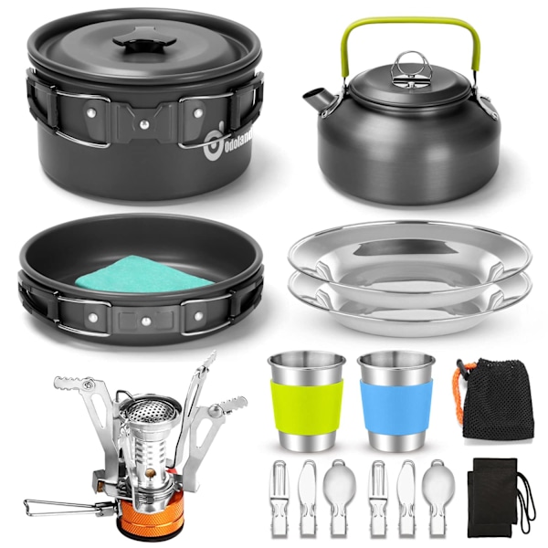 Campingköksset med hopfällbar campingspis, non-stick gryta, stekpanna och kittelset för utomhusmatlagning och picknick för 2 personer