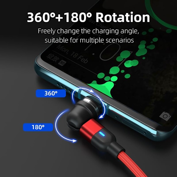 Opladerkabel, 540° roterende magnetisk mobiltelefon opladerkabel med LED-lys, nylonflettet magnetisk mobiltelefon opladerkabel (rød)