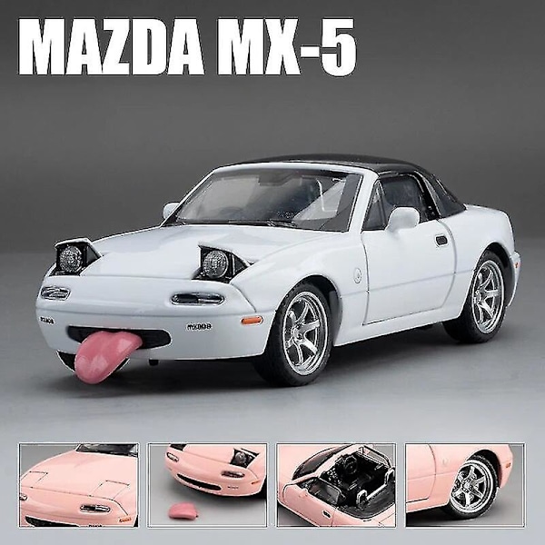 Miniatyr Mazda MX-5 Støpt Modell med Lyd & Lys, Lekerbil med Åpningsbare Dører for Barnesamling [GPA] WHITE