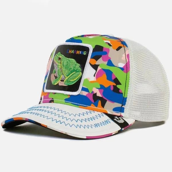 Fiskenettlue med brodert dyredesign Frog Colorful