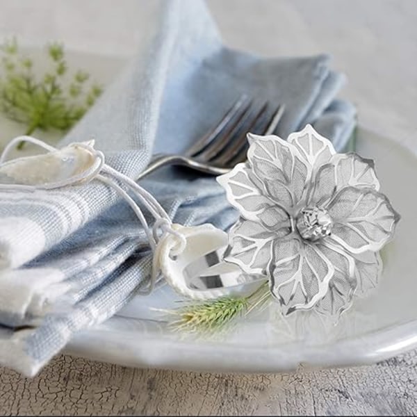 (Silver) Set med 12 legeringsservettringar med ihålig blomservett