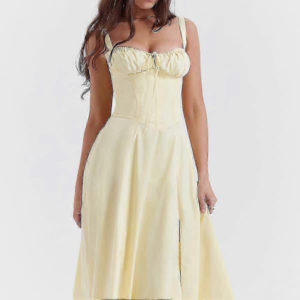Blomstret Bustier-Sommerkjole med Snøring i Midjen og Blondedetaljer for Kvinner Lysegul Light Yellow XL