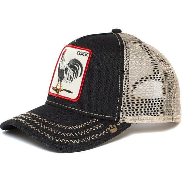 Mesh Trucker Hat with Embroidered Animal Design Rooster Black