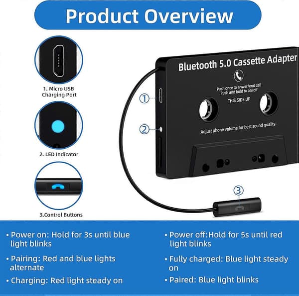Bluetooth Cassette Adapter 5.0 for Car Stereo, Wireless Receiver with Hands-Free Calling, Black