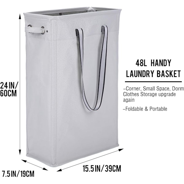 Kangaskori, 60 cm käytännöllinen riippuva pyykkikori, korkea ja kapea, vedenpitävä pyykkipussi hengittävällä verkolla, kansi, harmaa
