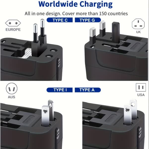 Universal rejseadapter med EU/US/UK/AU-stik, kompatibel med iPhone, Samsung, Android, iPad, bærbare computere SF-931