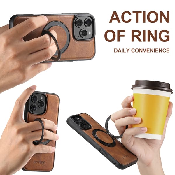 SUTENI Magnetisk Trådløs Ladeetui med 360° Roterende Ringstativ, Kunstskinn iPhone 14 Plus Blue