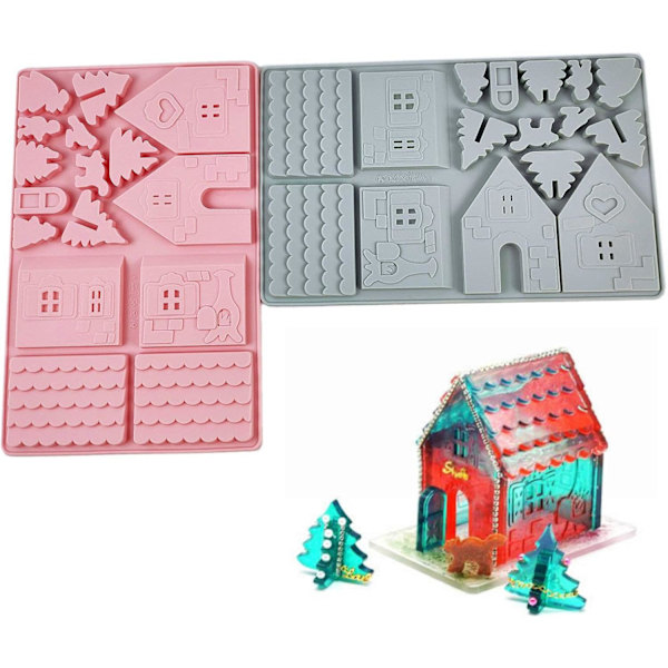 3D Julehusformer sett med 2, Pepperkakehusformer, Slottsstøping DIY Resin Former for juledekorasjon
