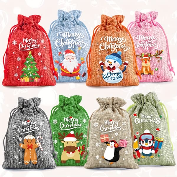 Genanvendelige jutegaveposer med snoretræk til jul, fester og bryllupper 24pcs mixed