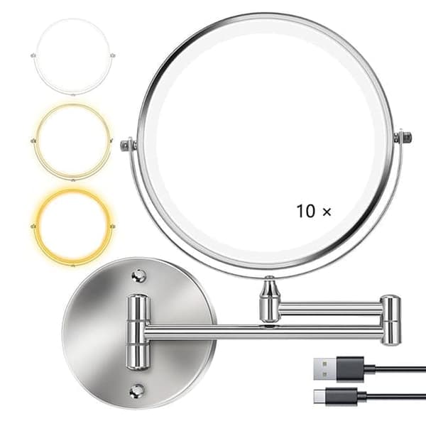 Wall-mounted makeup mirror with lighting - 8 inch, 3x/10x magnification, dimmable with 3 light modes, 360° rotatable double-sided mirror Silver Silver 10X