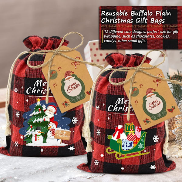 36 stk. Bomulds julesnoreposer Buffalo Plaid Julegaveposer Bomulds jule slikposer Små stofposer (Rød+Sort)