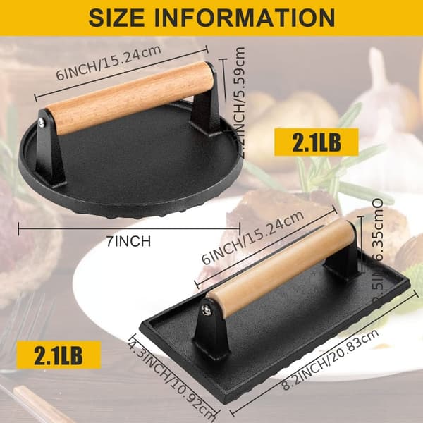 Grillpresse i støbejern med træhåndtag til bøffer, sandwich og bacon Round/Rectangle