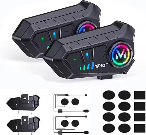 2pcs Universal Motorcycle Headset for 2 Riders with Range Bluetooth 5.3 Headphones and 2-in-1 Microphone for All Helmets